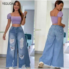 Straight Pants Ladies Ripped Jeans High Waist Loose Wide Leg Pants