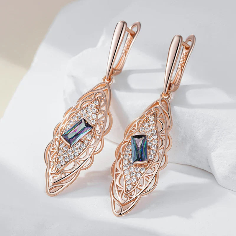 Kienl Hot 585 Rose Gold Color Flower Dangle Earrings for Women Square Colorful Natural Zircon Accessories Daily Fine Jewelry