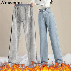 Winter Thicken Plush Lined Wide Leg Jeans Women High Waist Warm Straight Jeansy