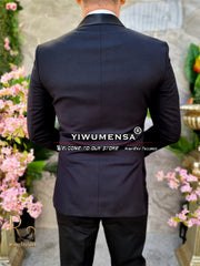 Black Wedding Suits For Men Luxury Crystals Gemstone Beads Jacket Vest Pants