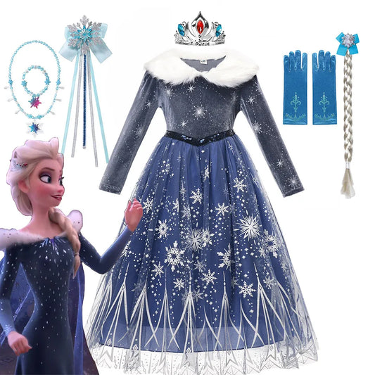 Autumn Winter Princess Dress Disney Frozen Elsa Costume Velvet Top With Fur Collar Girls Halloween Party Dress Xmas Gift Frocks
