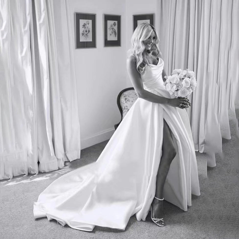 White Bridesmaid Dresses: White Plus Size A Line Satin Strapless Wedding Dress V Neck