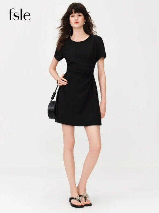 FSLE 2026 Summer Women's Black Midi Dress, Crew Neck Short Sleeve Waist-Cinching Slim Fit Black Dress for Chic Minimalist Style