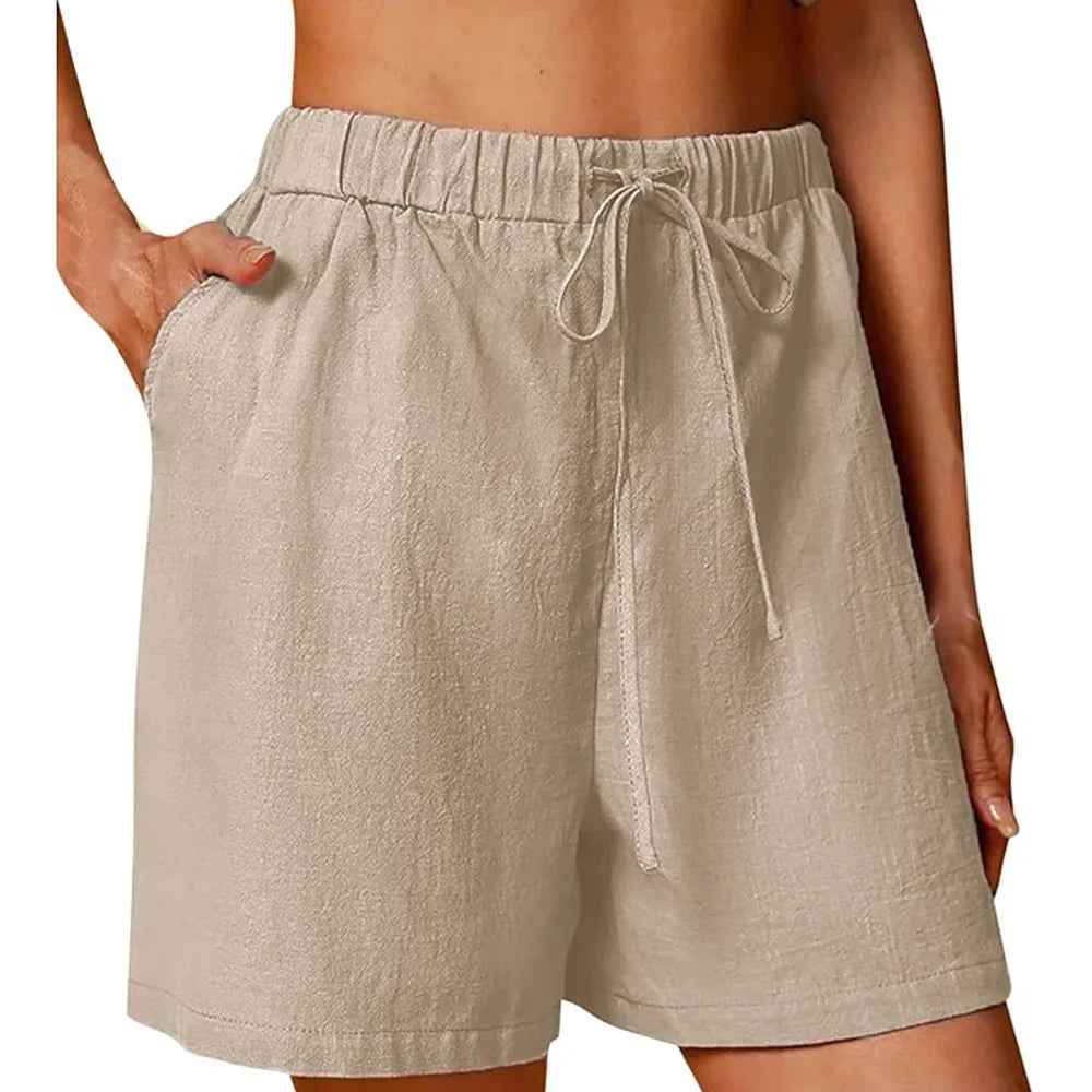 Women's Summer Casual Shorts Drawstring Solid Color Cotton Linen Short Pants Female Loose Straight Jogging Outdoor Streetwear