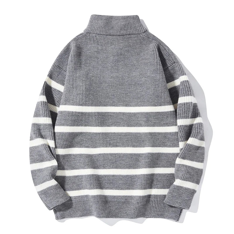 Half high collar sweater for men with black and white striped knit bottom