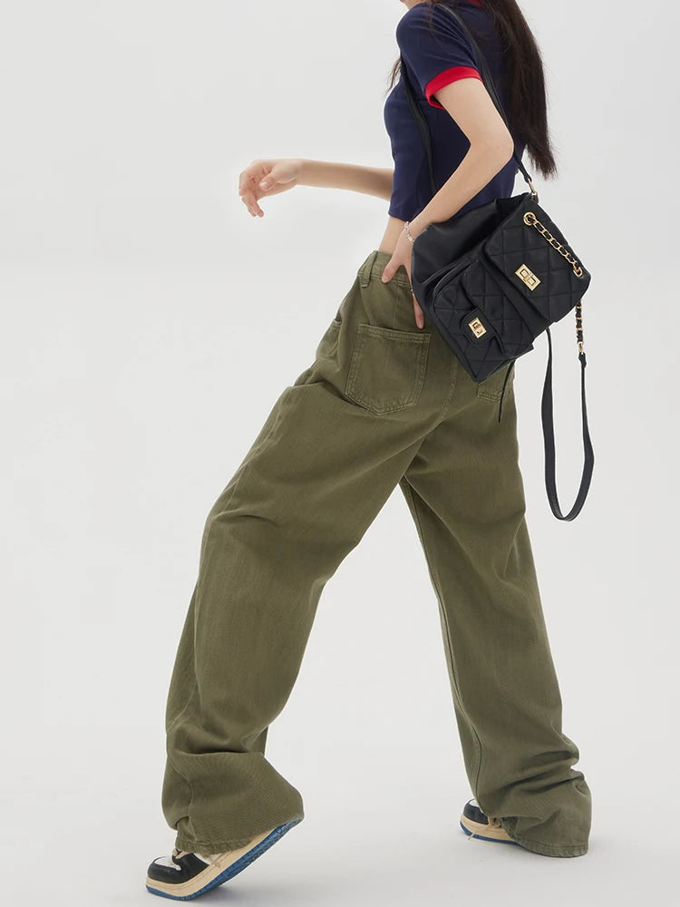 American Vintage Style High Waist Green Jeans Pants Spring Fashion Women's Baggy