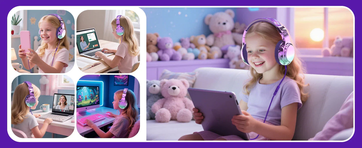 Kids Headphones Wired for School 85/94dB Volume Limiter Foldable Stereo Sound Headset with Mic for Kids Girls Learning Tablet PC