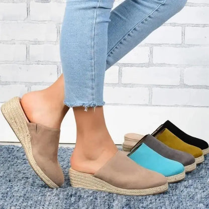 Ladies Mules Wedges Fashion Suede Closed Toe Sandals Slip On Backless Heeled Shoes for Women Summer Casual Beach Sandalias Mujer