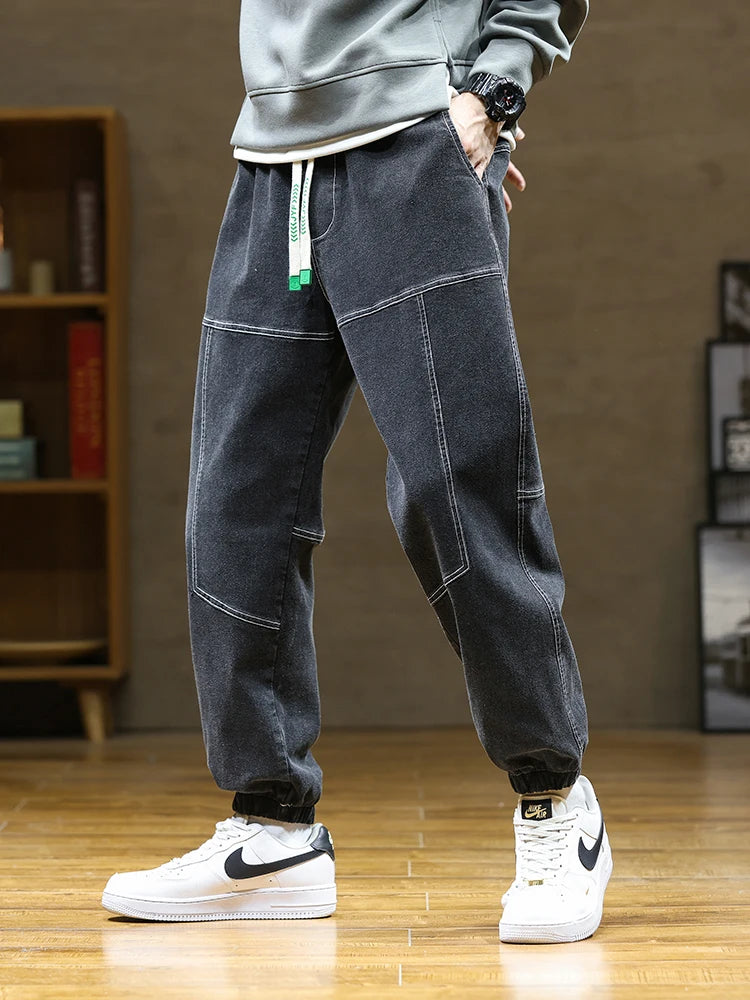 Men's Jeans Fashion Drawstring Stretched Cotton Baggy Denim Jogger Pants Men