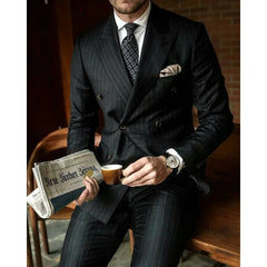 Black Striped Men Suits Double Breasted Peak Lapel Male Blazer Formal Wedding Tuxedo