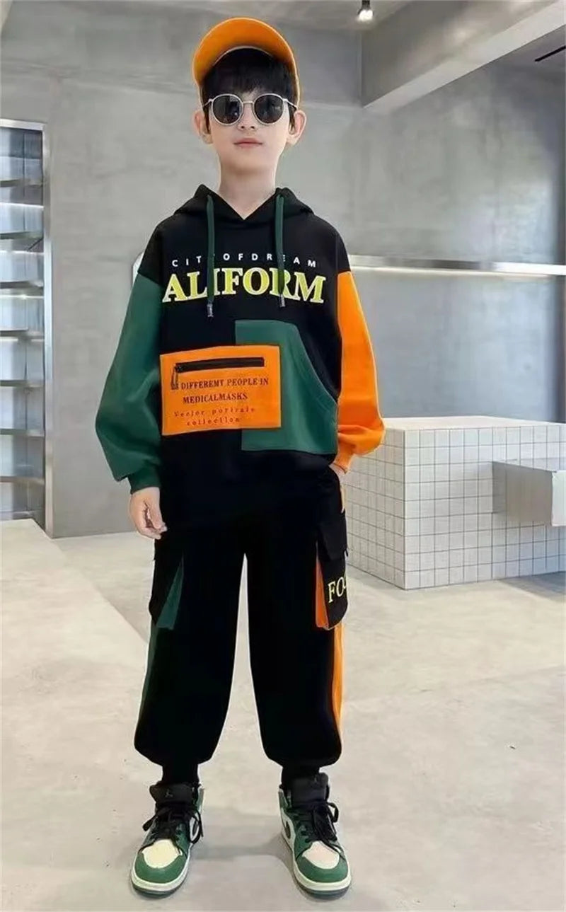 Boys Tracksuit Sets Children Patchwork Letter Sweatshirts+Pants 2Pcs Outfits Teenager Autumn Fashion Hooded Suits Spring Clothes