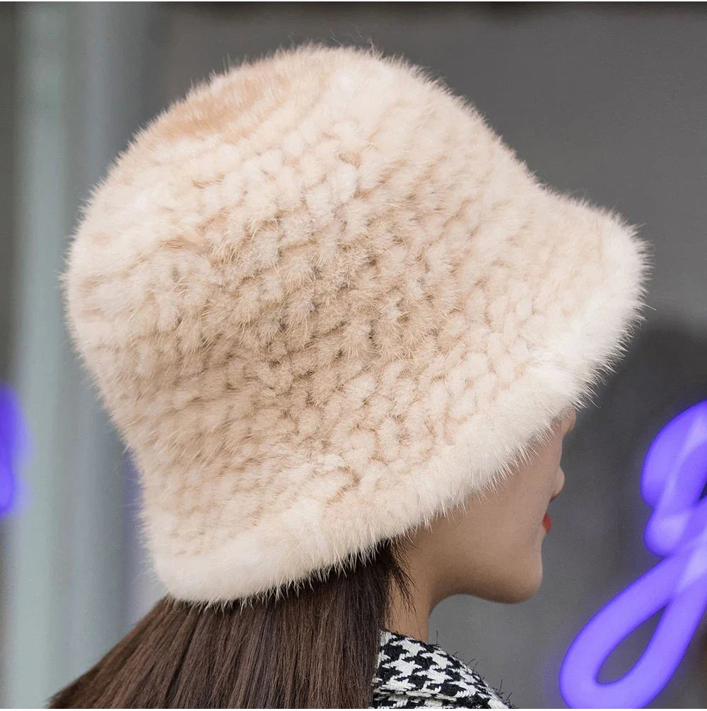 Woman Hat Winter Solid Mink Caps With Flower Natural Mink Fur Hats New Russian Girl Soft Knitting Real Fur Bucket Hats 2026 Warm