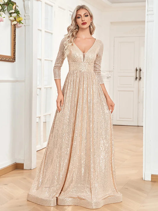 Evening Dresses: V Neck Long Sleeves Blue Sequins Formal Evening Dress