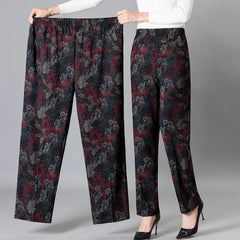 Middle-aged Women Trousers Print Elastic High Waist Casual Pants