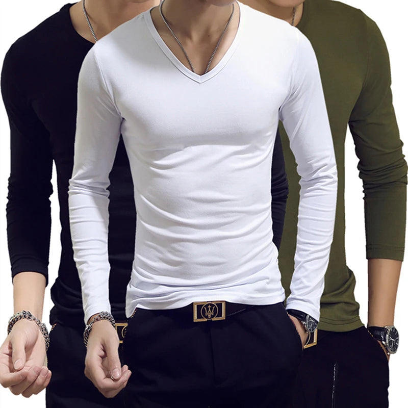White Solid Color Basic Slim Men T-shirt Spring Autumn Bottoming Shirt Men Round Neck V-neck Casual Tops Long-sleeve Shirts