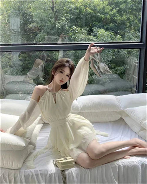 Dresses Women Hollow Out Design Chic Defined Waist Off-shoulder Ruffles Popular Long Sleeve Vestidos Gentle Sweet Spring Summer