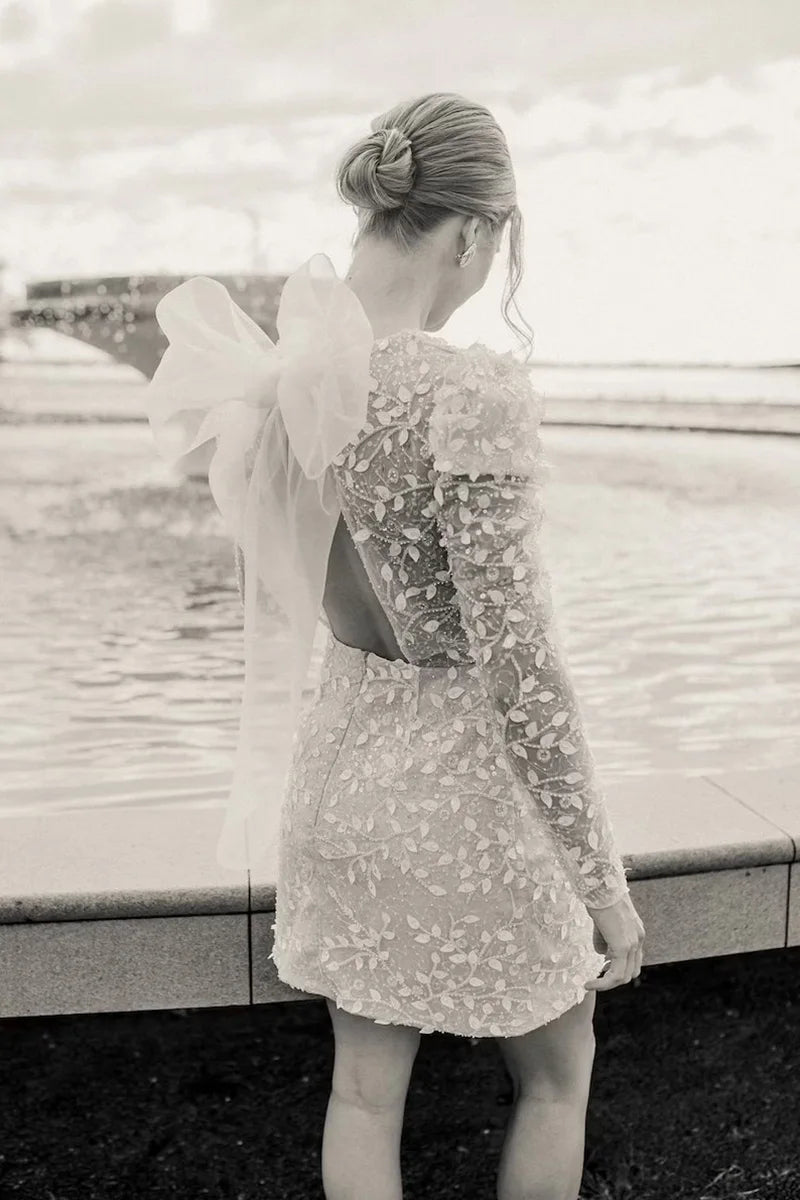 White Bridesmaid Dresses: Wedding Dresses Long Sleeves With Bow Mini Backless