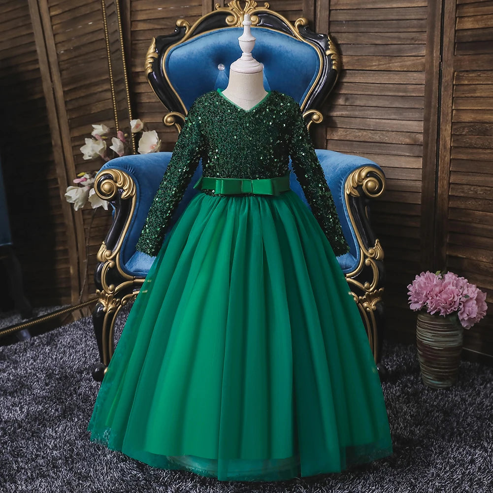 318 Girl's Birthday Evening Dress Long Sleeve Sparkling Pong Skirt Flower Girl Wedding Dress Piano Performance Dress