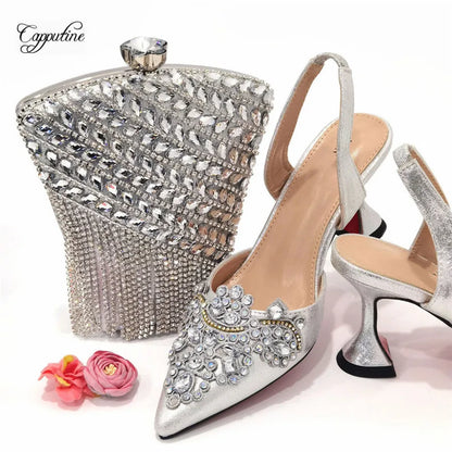 Gold Woman Shoes And Bag Set Luxury Ladies Stones Pumps Match With Handbag Sandals Clutch Purse Escarpins Femme Sandales CR949