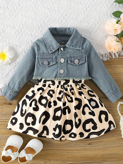 0-2 Years Old Summer New Baby Girl Spring And Autumn Sleeveless Fawn Print Dress Denim Embroidery Long Sleeve Jacket