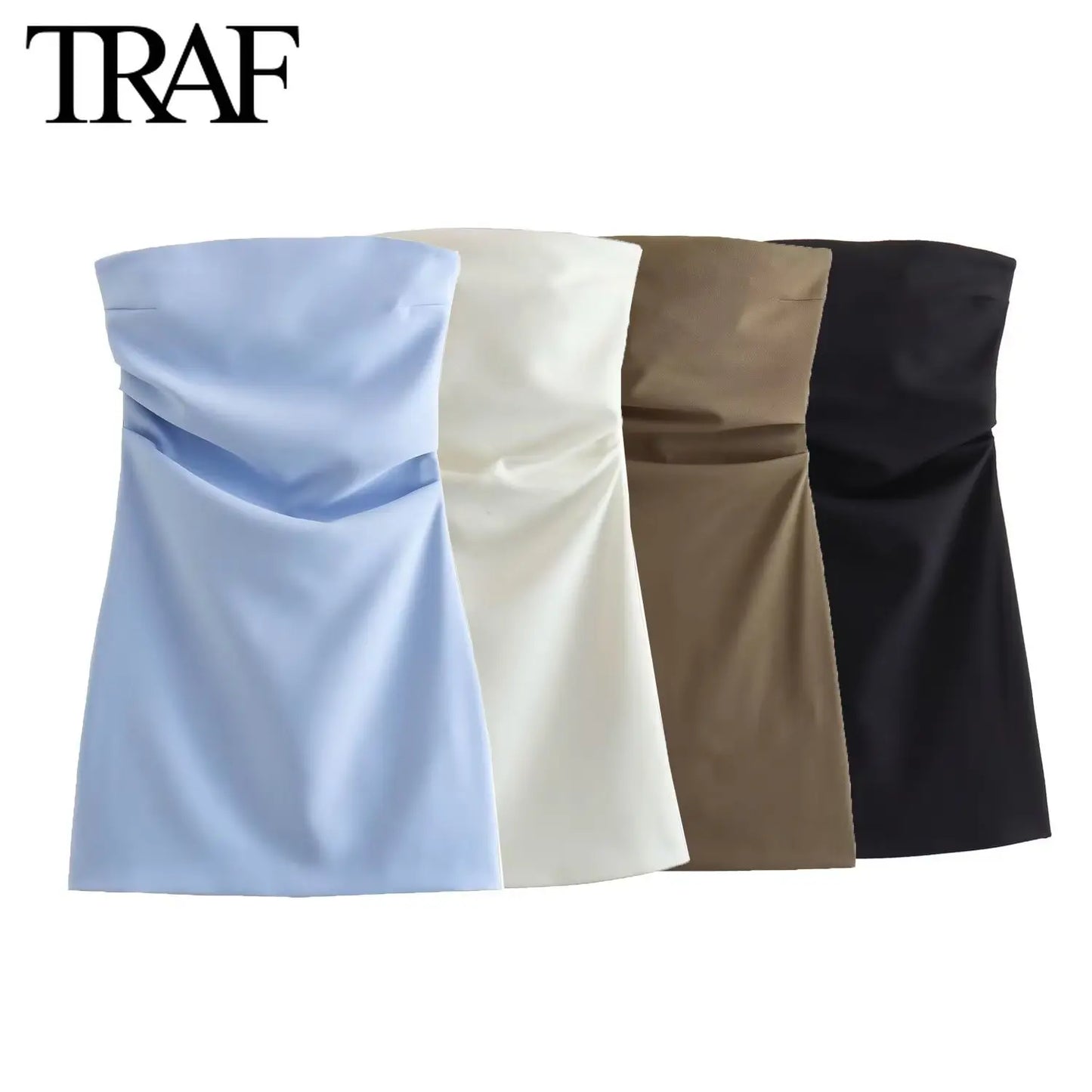 Evening Dresses: Women Fashion Back Zipper Solid Color Pleated Strapless Mini Dress