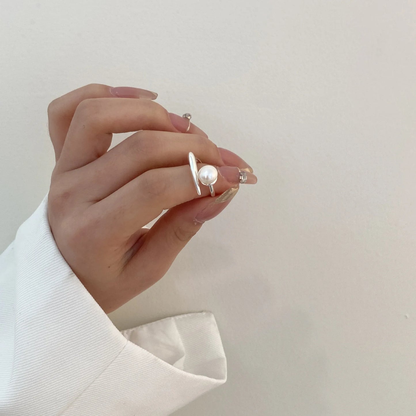 925 Sterling Silver Round Pearl Ring Wedding Adjustable Rings For Women Jewelry