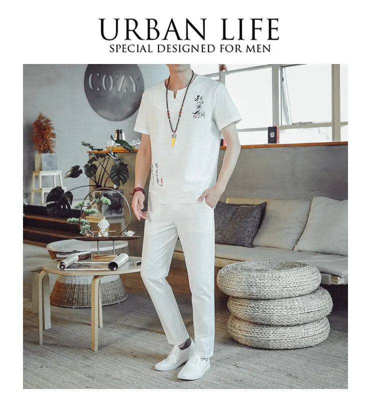 (Shirt + trousers) 2025 summer Chinese Style men shirt Cotton and linen shirts men's High quality casual shirts Two Piece M-5XL