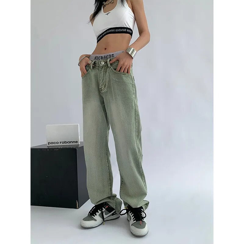 Women's Green Jeans Vintage Washed Multiple Pockets Wide Leg Pants