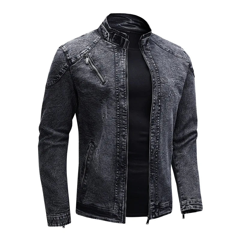 Motorcycle Denim Jacket Men Retro Zippers Stand Collar Denim Coats
