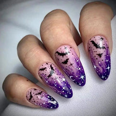 Halloween Stiletto Fake Nails for Women Girls Purple Bat Designs French Press on Nails