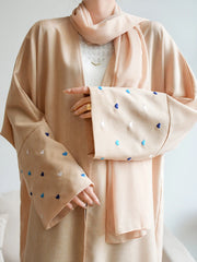 Heart Moon Embroidery Abaya Polyester Effect Fabric Batwing Sleeves Kimono Muslim Women Dubai Clothing Hijab Robe Ramadan