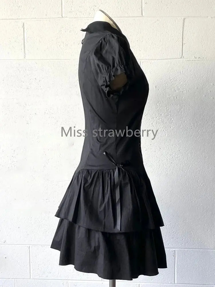 Summer Chic Vintage Black Short Sleeve Dress Women High Street Y2k Patchwork Slim Lapel Gothic Dresses Retro Hot Girl Clothing