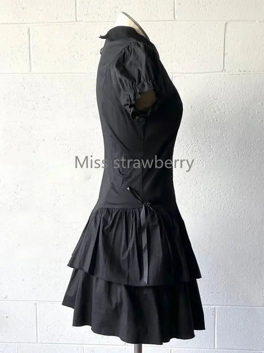 Summer Chic Vintage Black Short Sleeve Dress Women High Street Y2k Patchwork Slim Lapel Gothic Dresses Retro Hot Girl Clothing
