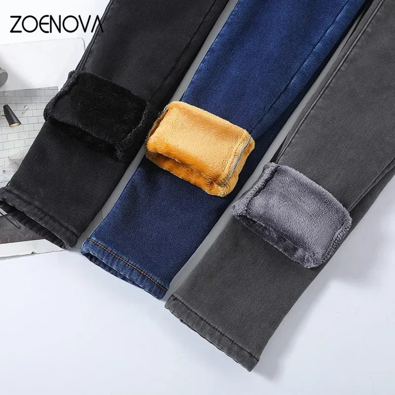 Women Thick Velvet Jeans Fleece  Warm Korean Fashion High Waist Skinny Elastic Pants