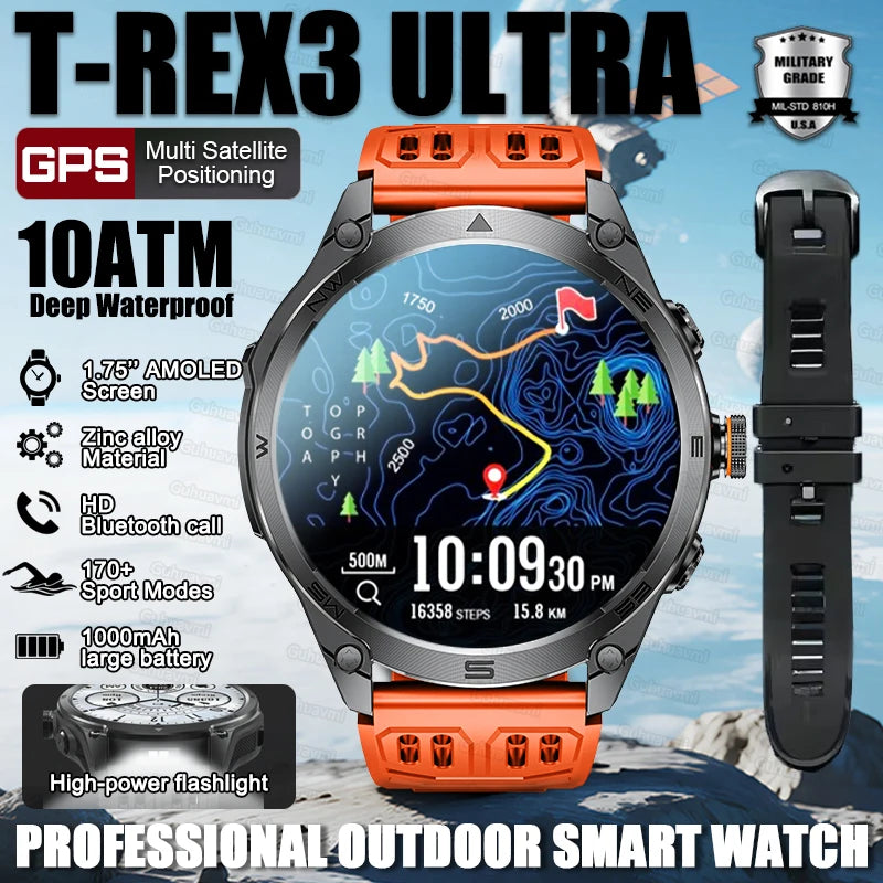 T-REX3 ULTRA New GPS Smart Watches 1000Mah Battery Compass 10ATM Waterproof Tactics Sport Flashlight BT call Smart Bracelet Man