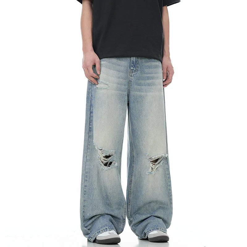 Men's Jeans Wear Male Vintage Denim Pants Adjustable Belt Straight Loose