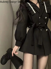 Black Mini Blazer Dress Women Elegant Chic Sashes Button Design Dress