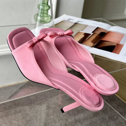 Eilyken Summer Fashion Butterfly-knot Satin Women Slipper Slip On Ladies Sandal Thin High Heel Outdoor Dress Slides Shoes