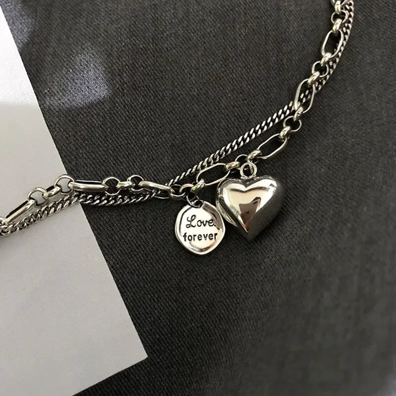 Elegant 925 Sterling Silver Love Letter Heart Double Layer Bracelet Female Unique Design Thai Silver Retro Light Luxury Jewelry