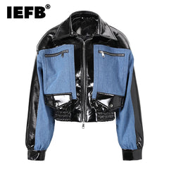 Denim Patchwork Leather Jackets Trend Men's Fashion Silhouette Short