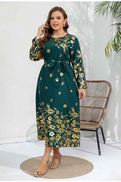 Autumn/Winter New Loose Size Dress with Gold Stamped Print Long Sleeves and Fat mm Long Skirt plus size women clothing
