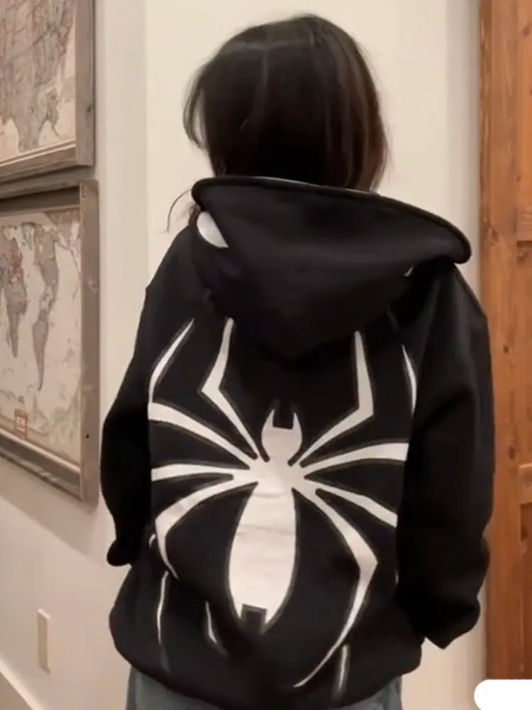 Woman clothing Spider Print Hoodie Pullover Sweatshirt High Street Anime Oversize Coats