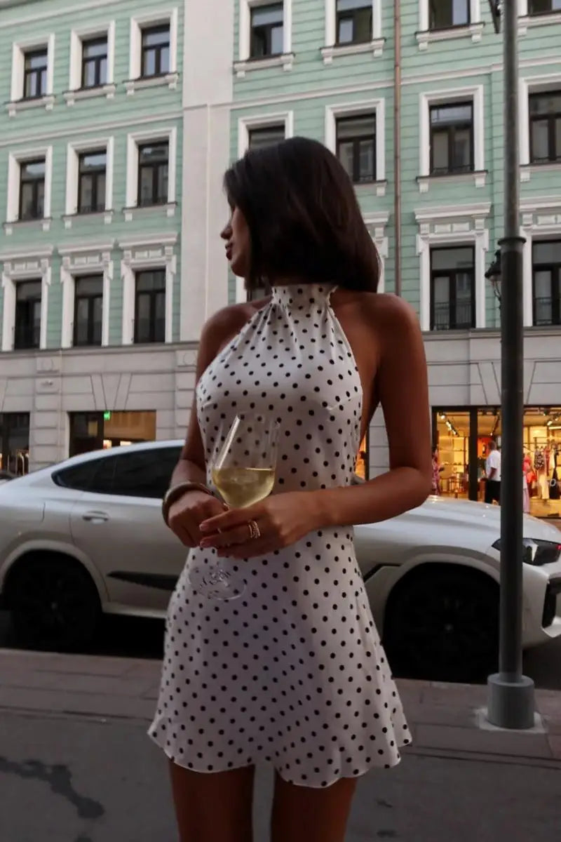 Polka Dot Printed Mini Halter Dress Backless Sleeveless A Line Short Robes Casual Party Vestidos 2025 New Slim Fit Lady Dresses