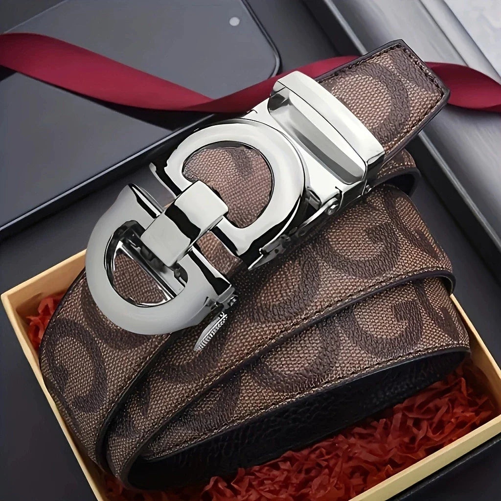 Men's Sleek Automatic Buckle Belt - Genuine FauxwithTextured Square Pattern, Black, Simple & Stylish DesignforCasual Attire