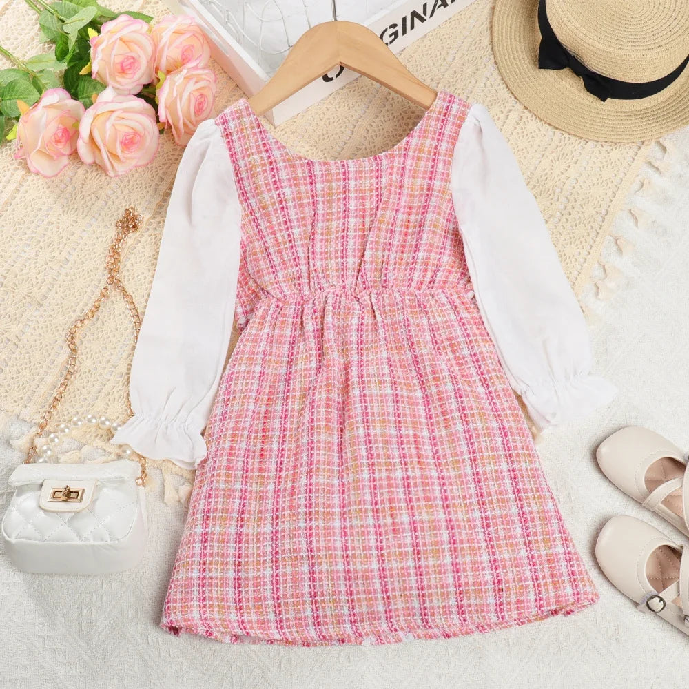 Girls' Dress Girls' Round Neck Plaid Lace Button Long Sleeve