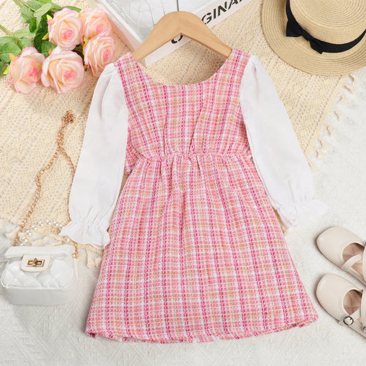 Girls' Dress Girls' Round Neck Plaid Lace Button Long Sleeve