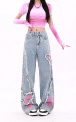 Blue Womens Jeans Butterfly High Waist Straight Baggy Denim Pants American