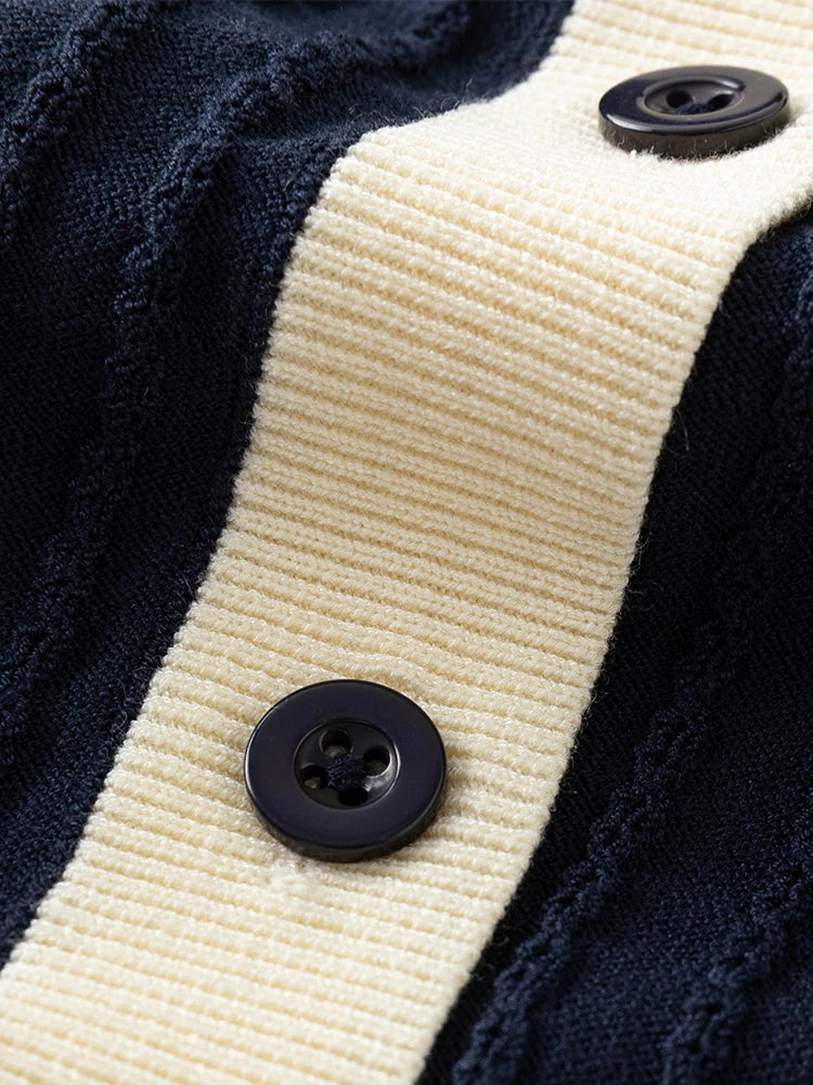 College Style Contrast Polo Collar Knitted Cardigan Women Knitwear