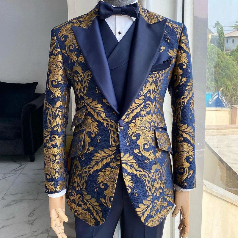 Tuxedo for Mens: Floral Suits for Men Wedding Slim Fit Navy Blue and Gold Jacquard