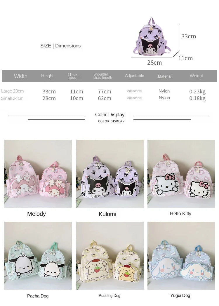 Anime Cartoon Kuromi Melody Cinnamoroll Backpack Boys Girls Cartoon Hello Kitty Kawaii Canvas Fashion Children's Schoolbag